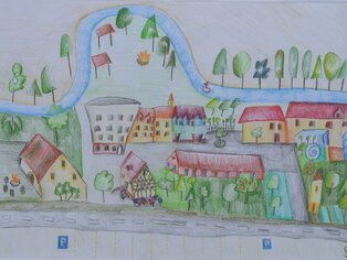 Bunte Zeichnung der Kernmühle 